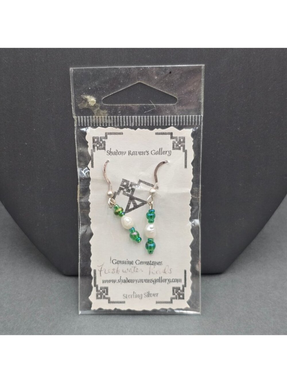 Handcrafted Sterling Silver Freshwater Pearl Green Glass Dangle Earrings 1.5"